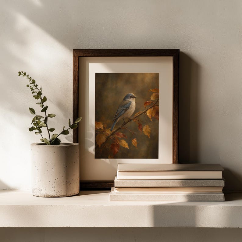 Cozy fall bird printable for gallery wall — soft painterly technique with warm undertones and aged aesthetic
