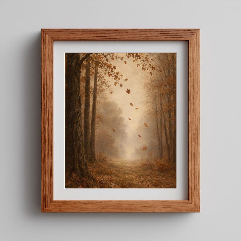 Cottage forest painting wall art for hallway — soft impressionistic brushwork capturing quiet autumnal woodland scene