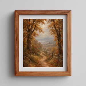 Fall foliage forest path poster for study — nostalgic country aesthetic with warm painterly brushwork