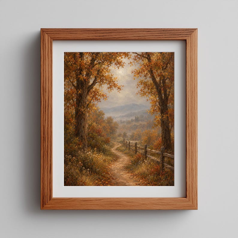 Fall foliage forest path poster for study — nostalgic country aesthetic with warm painterly brushwork