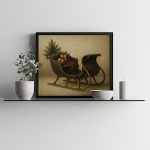 Rustic Christmas sleigh picture featuring gift boxes and evergreen branches with timeless heirloom painted quality