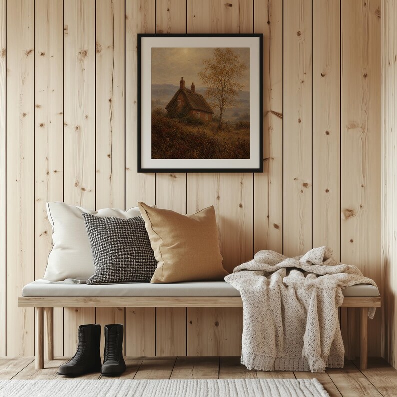 Cottagecore aesthetic wall print for living room — thatched home, golden tree, hazy golden hour