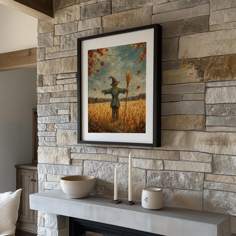Rustic farm figure wall art for bedroom — golden field painting with brushstroke texture and autumn color palette