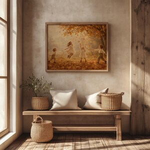 Joyful kids tossing fall foliage wall art for bedroom — nostalgic cottage-core painting with warm dreamy aesthetic