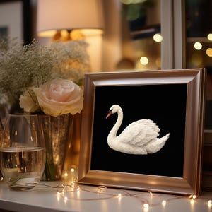 Minimalist swan painting wall art — cream bird illustration with striking black backdrop and classic aesthetic