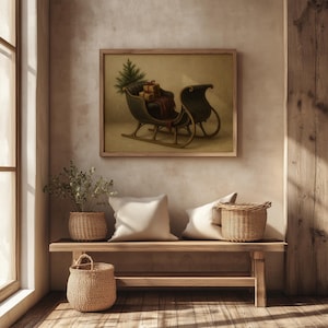 Old-fashioned sleigh ride painting printable art for cottage spaces celebrating vintage Christmas farmhouse elegance