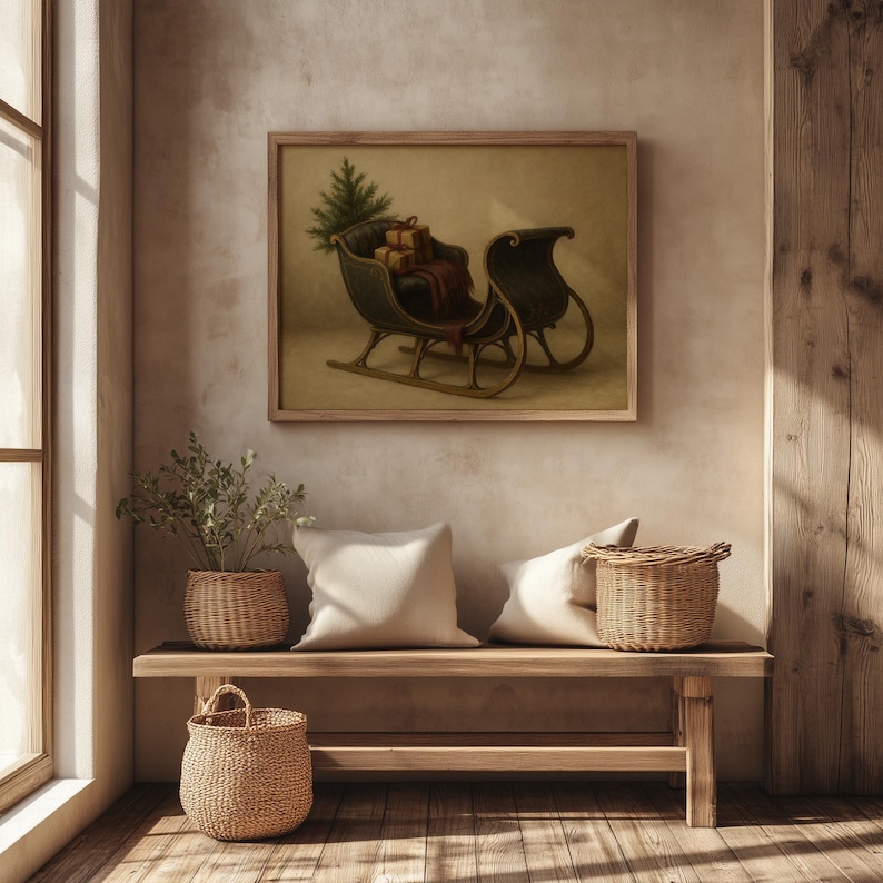 Old-fashioned sleigh ride painting printable art for cottage spaces celebrating vintage Christmas farmhouse elegance