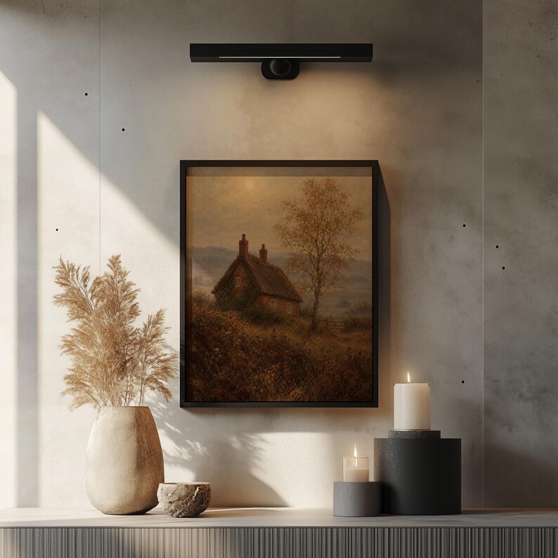 Rustic countryside home artwork for study — rolling hills fade to horizon, moody vintage palette