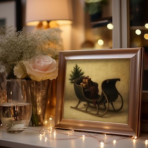 Old-fashioned winter sleigh digital print for bedroom with cozy nostalgic Christmas aesthetic and aged brushwork