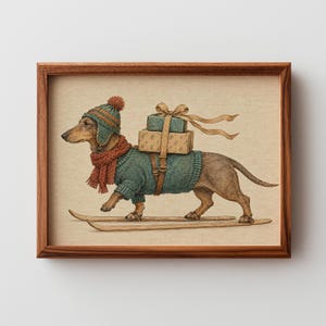 Charming dachshund holiday printable for gallery wall — cozy winter character with pompon hat detail