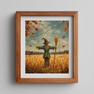 Rustic harvest scarecrow poster for farmhouse kitchen — textured brushstrokes with warm rust and teal color combination