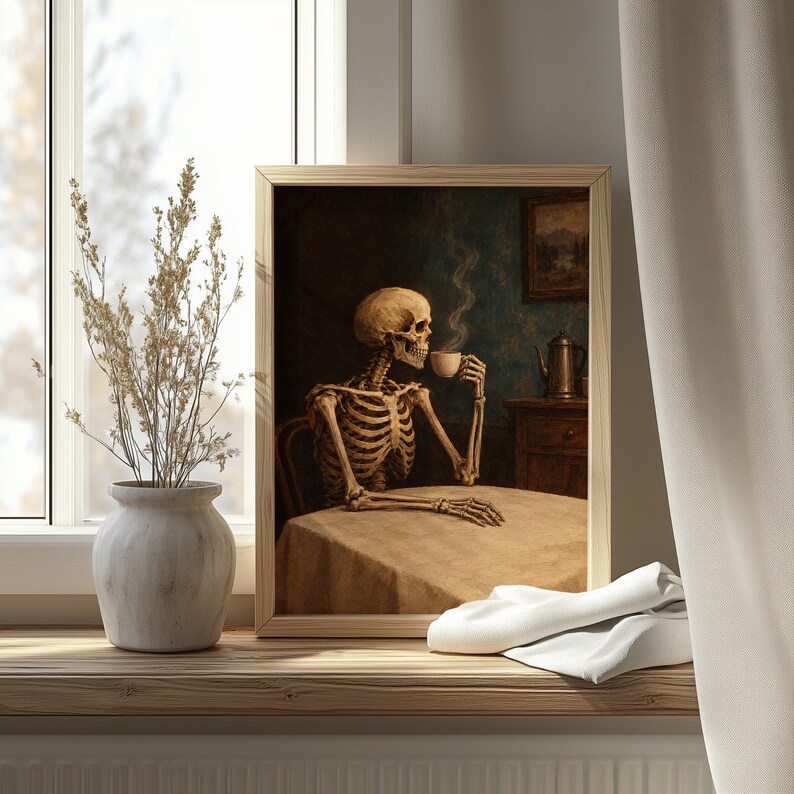 Skeleton holding coffee cup poster for kitchen — vintage Halloween wall art with dark academia aesthetic