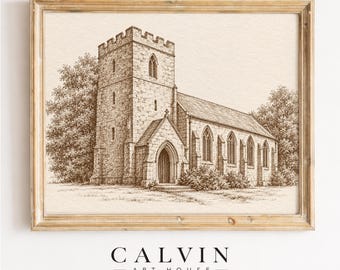 Vintage Church Architecture Print, Personalized Wedding Venue Sketch (Digital Download)