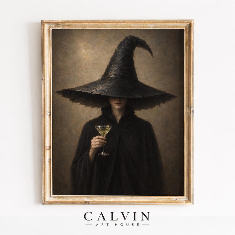 Mystical sorceress sipping cocktail digital print for kitchen — eerie vintage-style painting with deep shadows