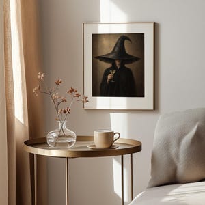 Mysterious pointed hat figure with cocktail artwork printable for dining room — vintage textured style