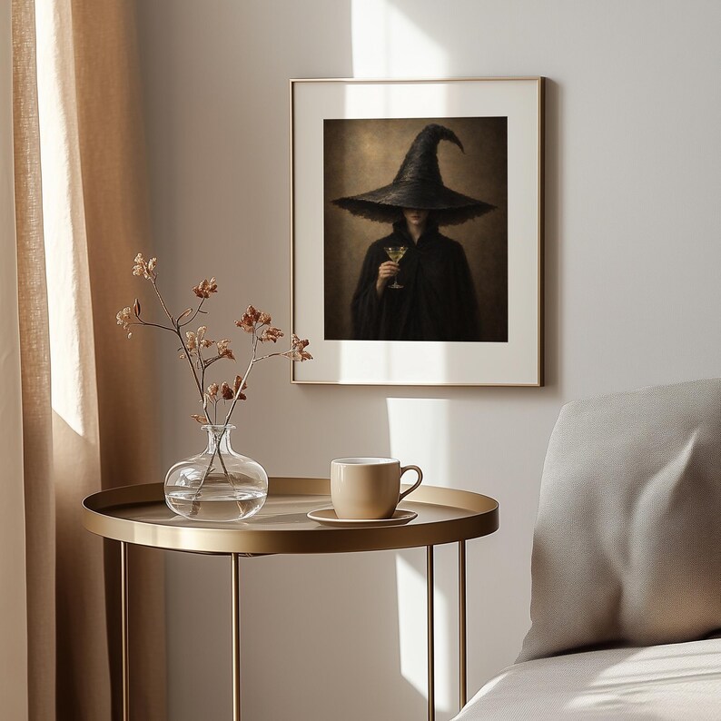 Mysterious pointed hat figure with cocktail artwork printable for dining room — vintage textured style