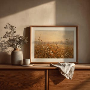 Botanical wildflower digital print for entryway — nostalgic countryside scene with cream and burnt orange palette