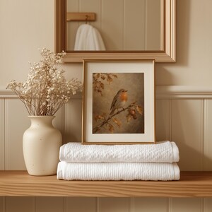 Classic bird portrait wall print for sitting room — warm autumn mood with weathered branch