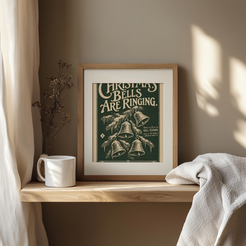 Retro Christmas sheet music artwork showing decorative bells on evergreen — vintage farmhouse style with elegance