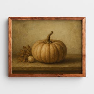 Harvest scene poster printable — rustic pumpkin composition with curled leaf accent in warm, subdued earth tones