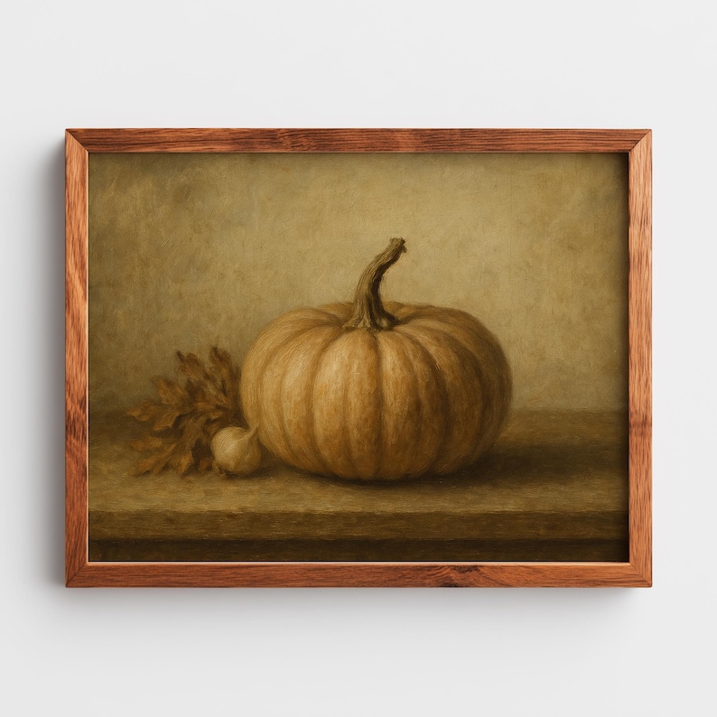 Harvest scene poster printable — rustic pumpkin composition with curled leaf accent in warm, subdued earth tones