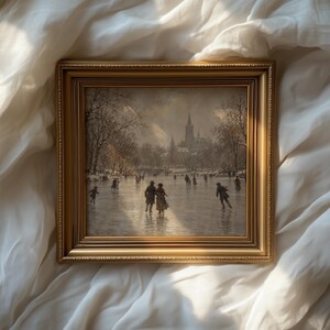 Festive ice pond painting wall art — vintage European countryside winter with textured artistic finish