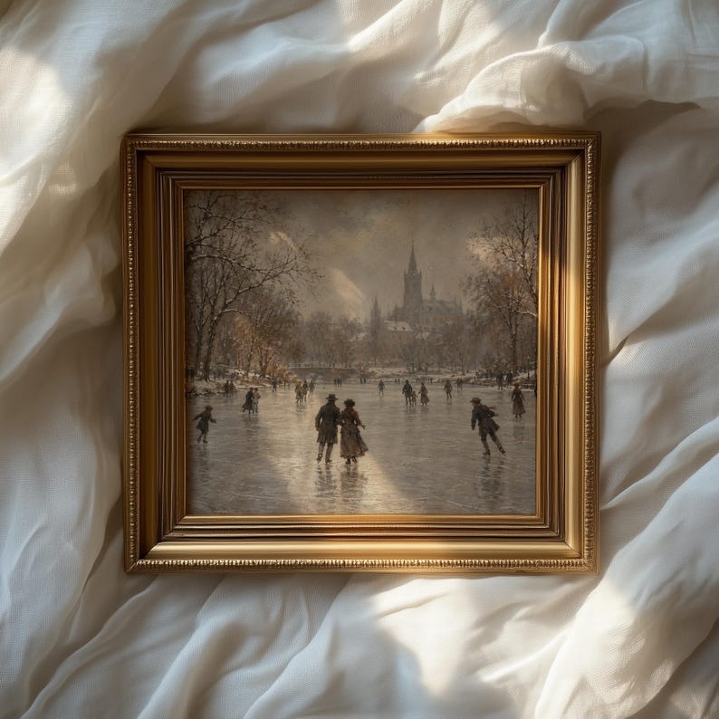 Festive ice pond painting wall art — vintage European countryside winter with textured artistic finish