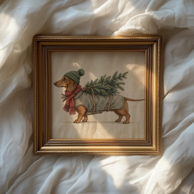 Festive wiener dog with wrapped tree wall art — earthy tones seasonal home picture poster