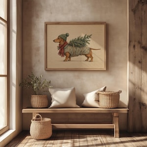Holiday pup in red scarf and pom-pom hat wall art — charming seasonal home decor painting