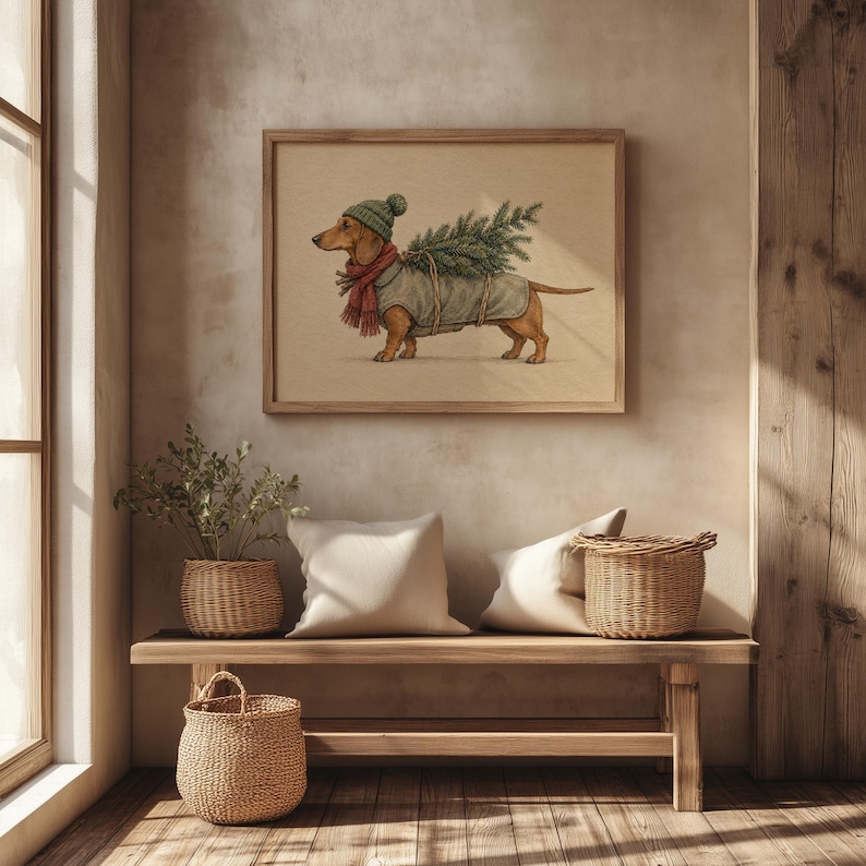 Holiday pup in red scarf and pom-pom hat wall art — charming seasonal home decor painting