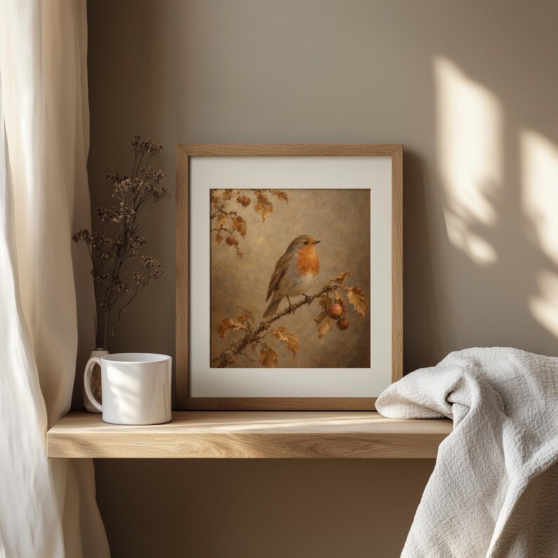 Songbird perched on berry branch wall art for living room — rustic cottagecore painting with muted tones