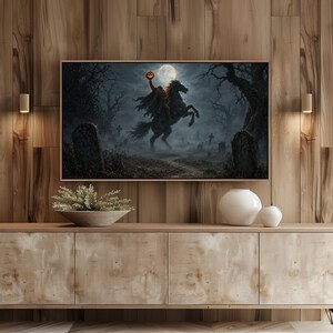 Horseman racing through tombstones digital art for TV — spooky moonlit cemetery scene with gnarled branches and swirling mist, perfect for living room