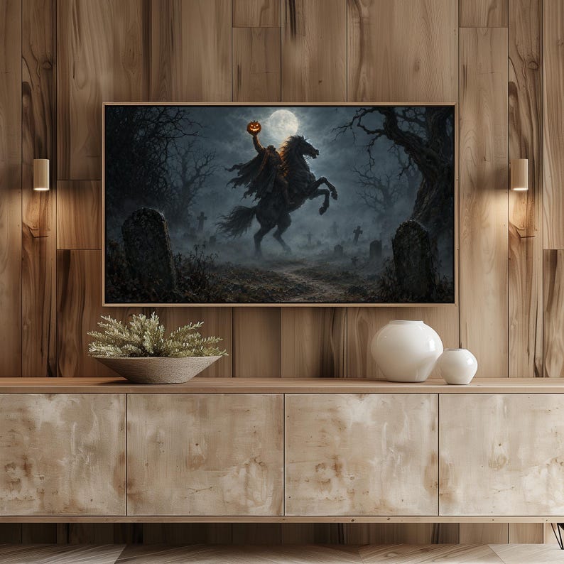 Horseman racing through tombstones digital art for TV — spooky moonlit cemetery scene with gnarled branches and swirling mist, perfect for living room