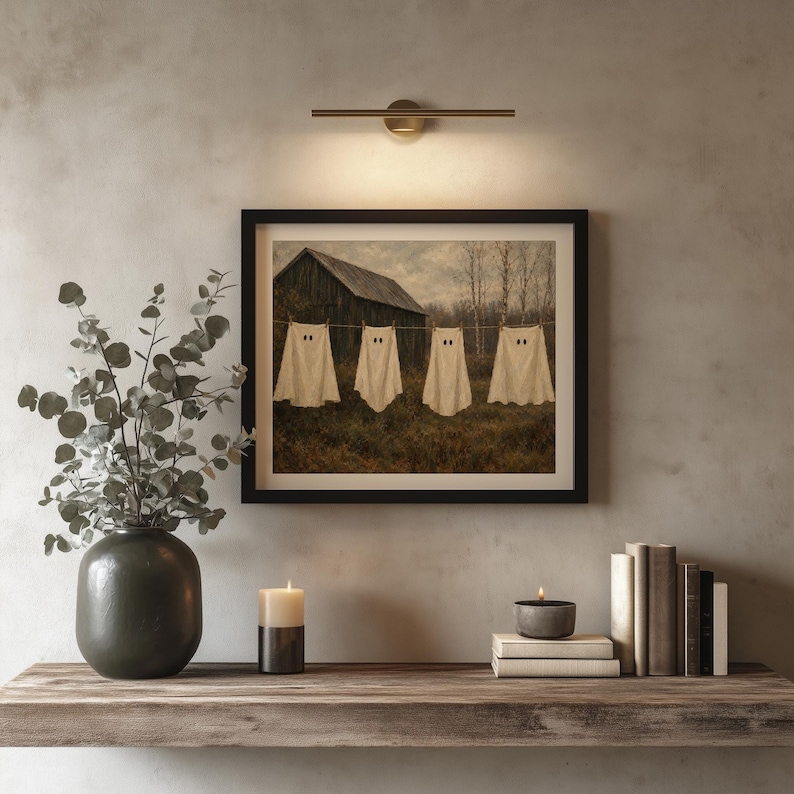 Haunted farmstead laundry instant download print — ghostly vintage scene featuring wooden clothesline and overgrown field aesthetic