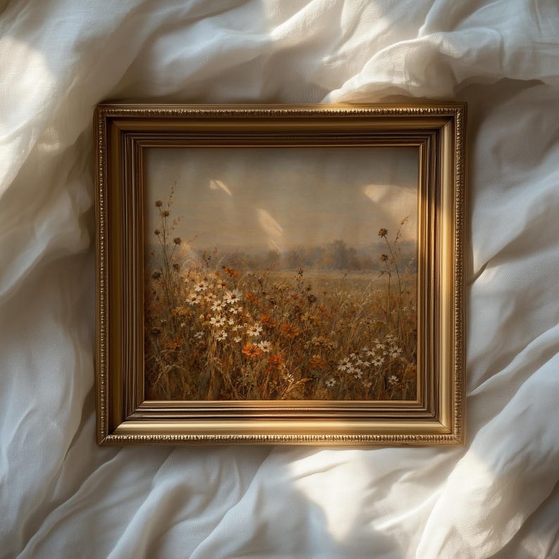 Rustic autumn flowers wall art for living room — vintage-style print featuring rust-orange blooms and misty tree line