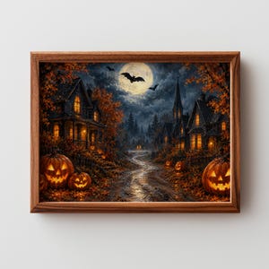 Eerie moonlit village picture instant download — atmospheric autumn night with dramatically lit jack-o'-lanterns lining cobblestone path