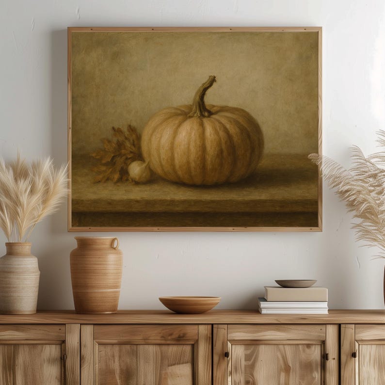 Autumn pumpkin illustration poster print — soft sage and golden brown hues with vintage oil painting style and depth