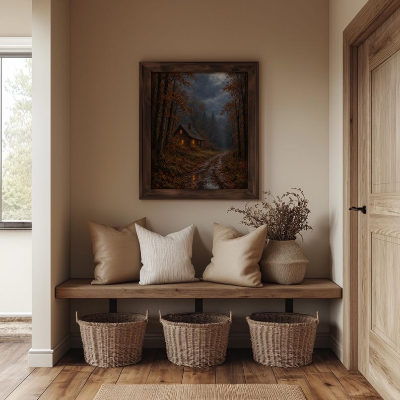 Dark forest cabin gallery wall art instant download — muted earth tones with cozy cottage mood