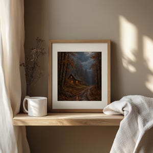 Moody autumn forest cottage poster digital download — traditional painting style with muted color scheme