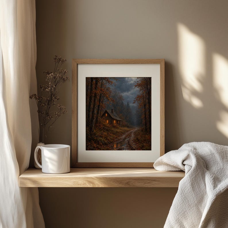 Moody autumn forest cottage poster digital download — traditional painting style with muted color scheme