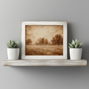 Textured meadow wall art printable — quiet farmhouse vibes with golden foliage and ground fog