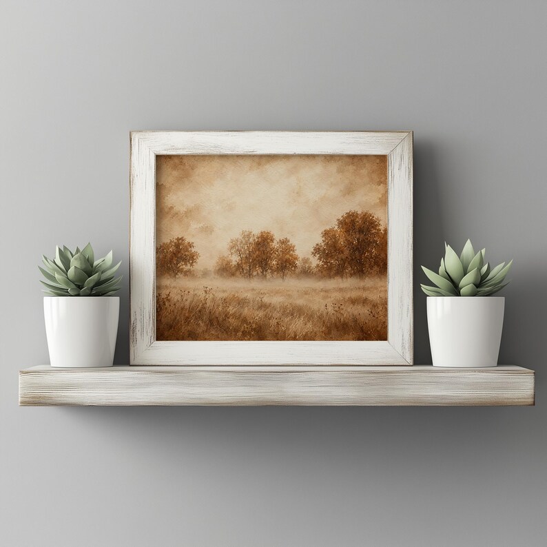 Textured meadow wall art printable — quiet farmhouse vibes with golden foliage and ground fog