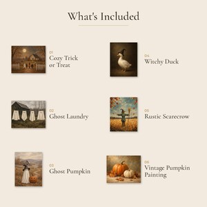 K&ouml;nnte beinhalten: Eine Sammlung von sechs Halloween-Kunstdrucken mit dem Titel What's Included. Die Drucke zeigen: 01 Cozy Trick or Treat, 02 Ghost Laundry, 03 Ghost Pumpkin, 04 Witchy Duck, 05 Rustic Scarecrow und 06 Vintage Pumpkin Painting.