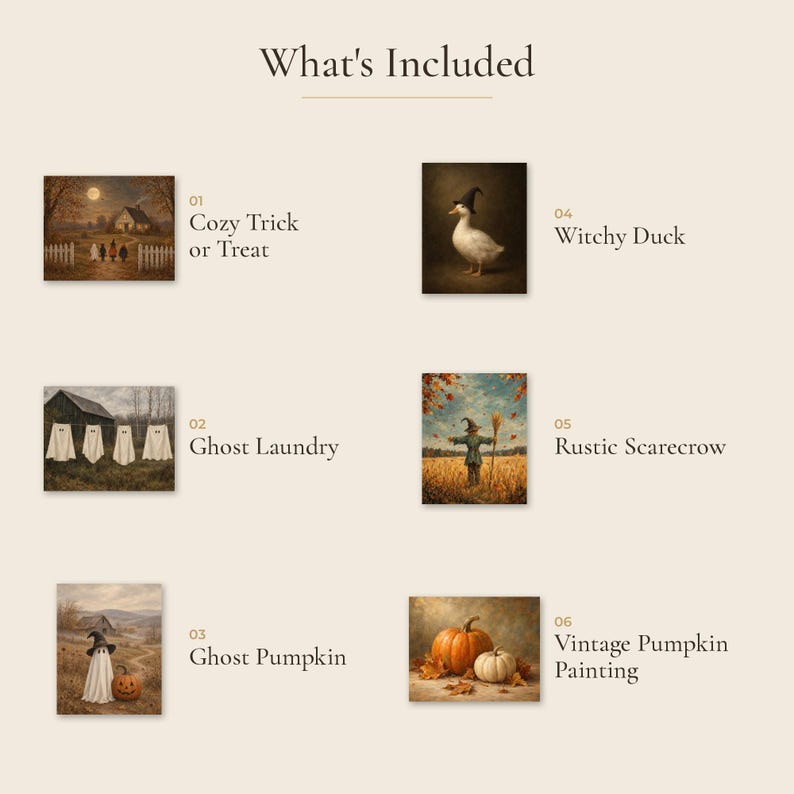 K&ouml;nnte beinhalten: Eine Sammlung von sechs Halloween-Kunstdrucken mit dem Titel What's Included. Die Drucke zeigen: 01 Cozy Trick or Treat, 02 Ghost Laundry, 03 Ghost Pumpkin, 04 Witchy Duck, 05 Rustic Scarecrow und 06 Vintage Pumpkin Painting.