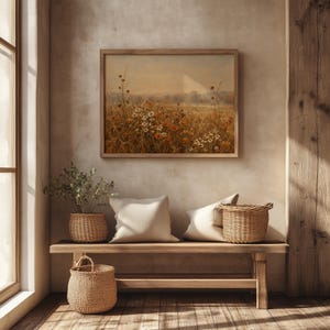 Rustic botanical meadow wall art instant download — cozy vintage farmhouse aesthetic with scattered seasonal blooms