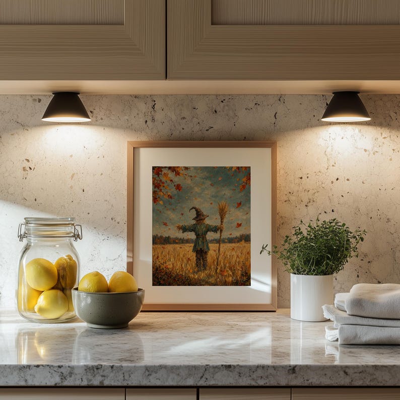 Harvest scarecrow digital print for living room — textured countryside scene with swirling fall leaves and cozy season vibes
