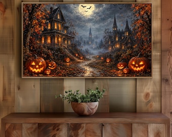 Haunted House Halloween Frame TV Art, Spooky Pumpkins (Digital Download)