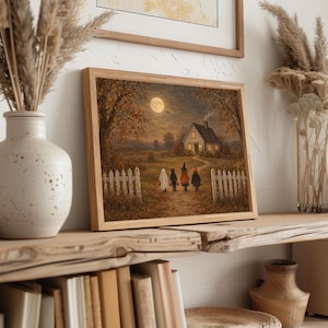 Trick-or-treat children scene wall art print for entryway — weathered fence and luminous moon with farmhouse charm