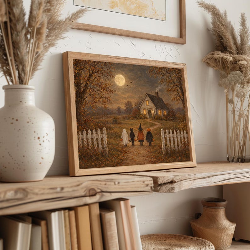 Trick-or-treat children scene wall art print for entryway — weathered fence and luminous moon with farmhouse charm