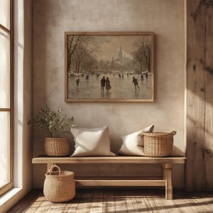 Romantic winter landscape picture printable for den — soft brushwork skating scene with snowy backdrop